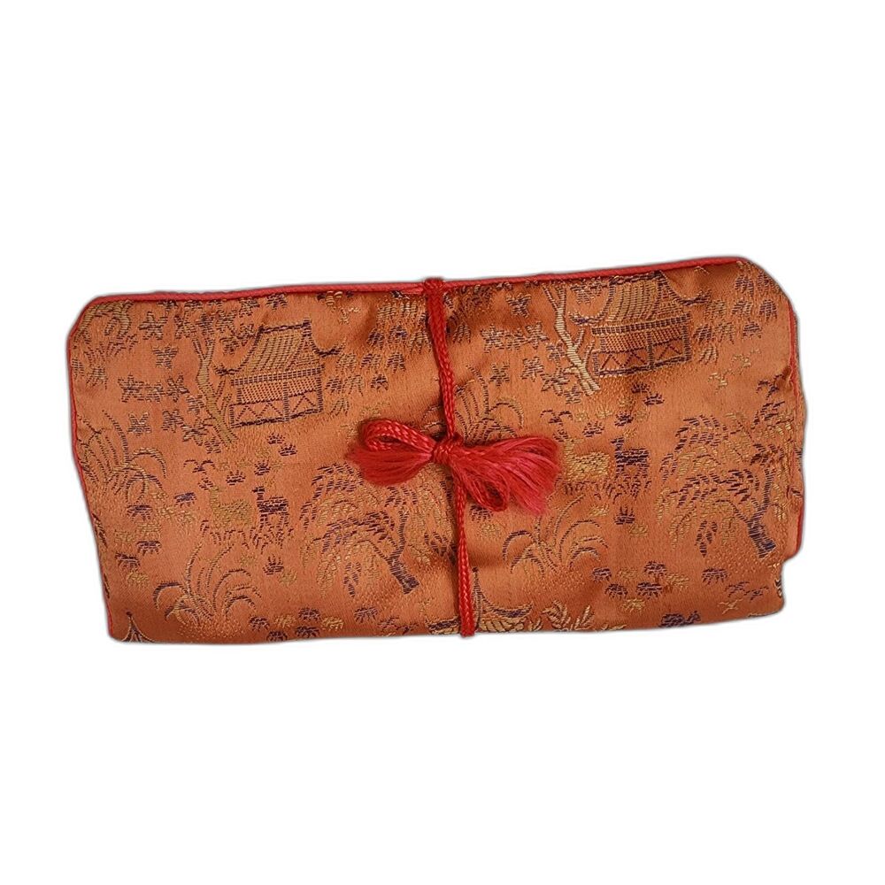 Vintage Oriental Silk Brocade Jewelry Travel Roll Case Zippered Pockets